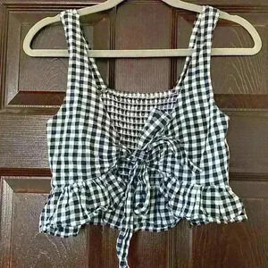 American Eagle Smock Gingham Bow Front Tie Navy blue nautical checkered Top - S